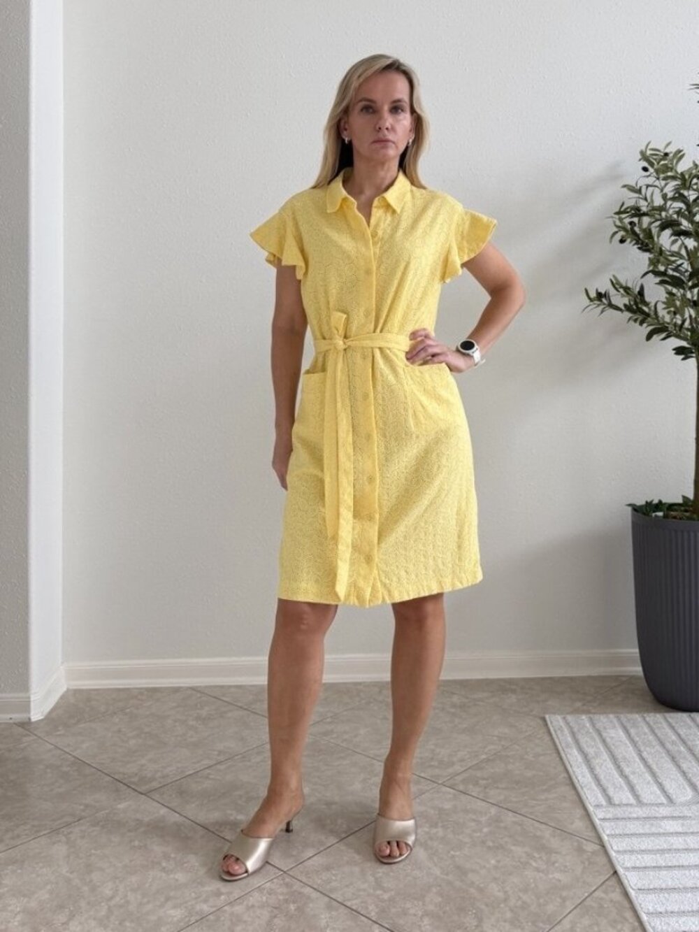 Calvin Klein Yellow Cotton Eyelet Belted Shirt Dress Size 10 Flutter Sleeve